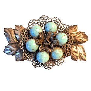 Vintage Art Deco Brooch Silvertone Filigree Aqua Blue Floral 3.5 In Tarnished